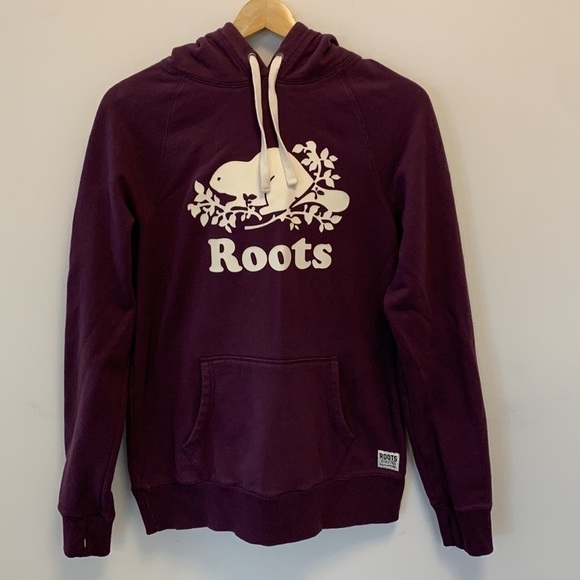 ROOTS sweatshirt hoodie kangaroo pocket drawstring hood purple eggplant medium - Picture 2 of 13